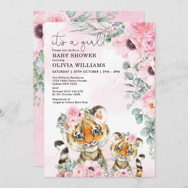 Invitation Petit Tigre Rose Floral Vert Fille Baby shower (Devant / Derrière)