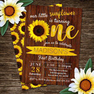 Invitation Petit tournesol Bois rustique 1er anniversaire