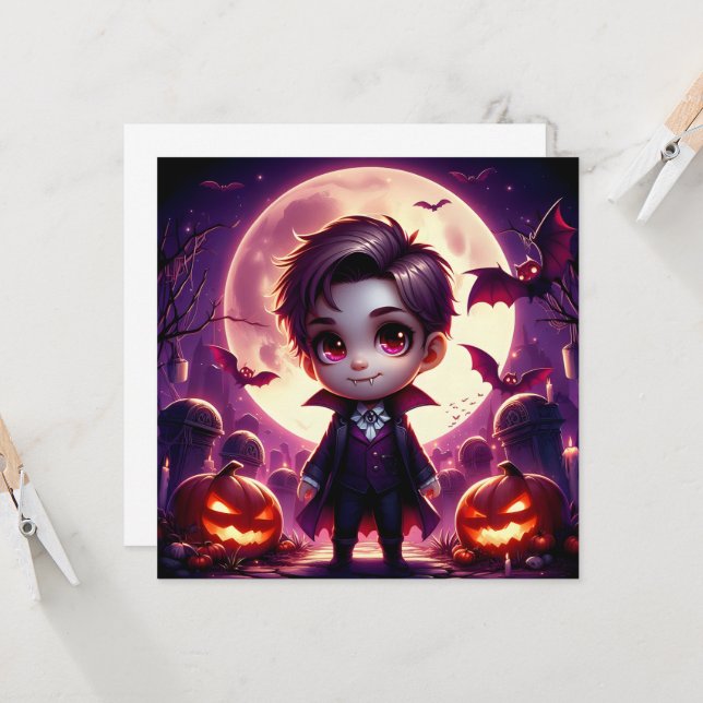 Invitation Petit Vampire Adorable sous la Pleine Lune (Devant/Arrière en situation)