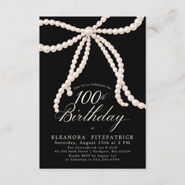 Invitation PETITE 100e anniversaire Noir Blanc Perle Nœud (Devant)