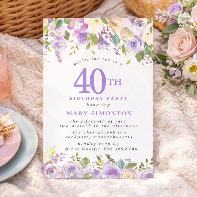 Invitation PETITE 40th Birthday Party Purple Rose Floral (Créateur téléchargé)