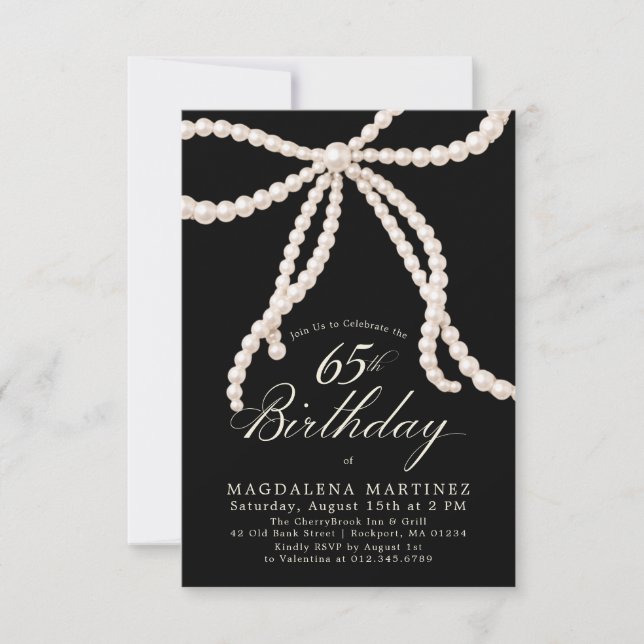 Invitation PETITE 65e Anniversaire Noir Blanc Perle Nœud (Devant)