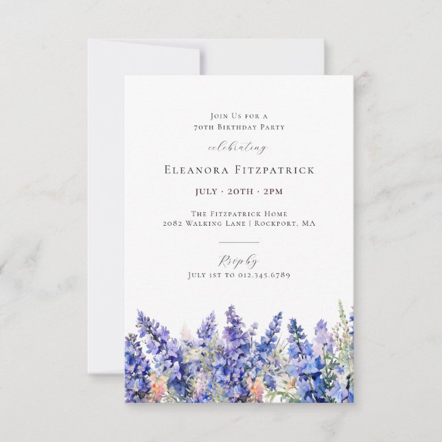 Invitation PETITE 70e Anniversaire Bleu Juillet Fleur du Mois (Devant)