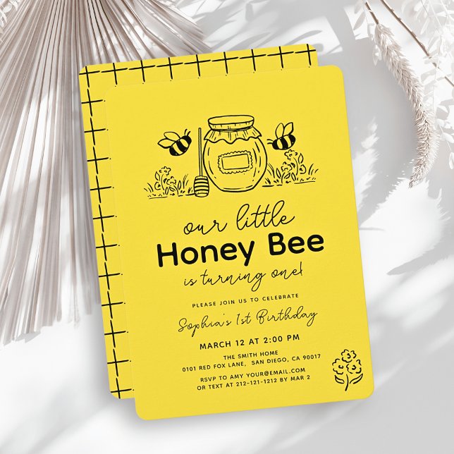 Invitation Petite Abeille Jaune Dessin à la Main 1er Annivers (Créateur téléchargé)