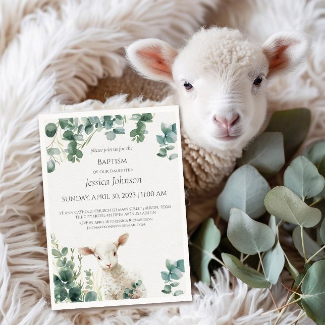 Invitation Petite agneau de bébé et Eucalyptus baptism Invita (Créateur téléchargé)