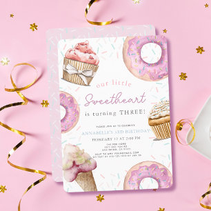 Invitation Petite amoureuse Cupcake rose & Donut Anniversaire