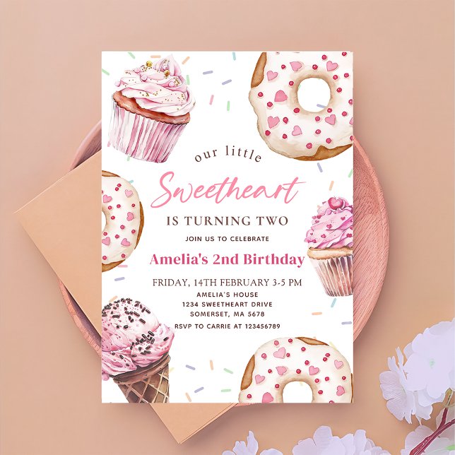 Invitation Petite amoureuse Cupcake rose & Donut Anniversaire (Créateur téléchargé)