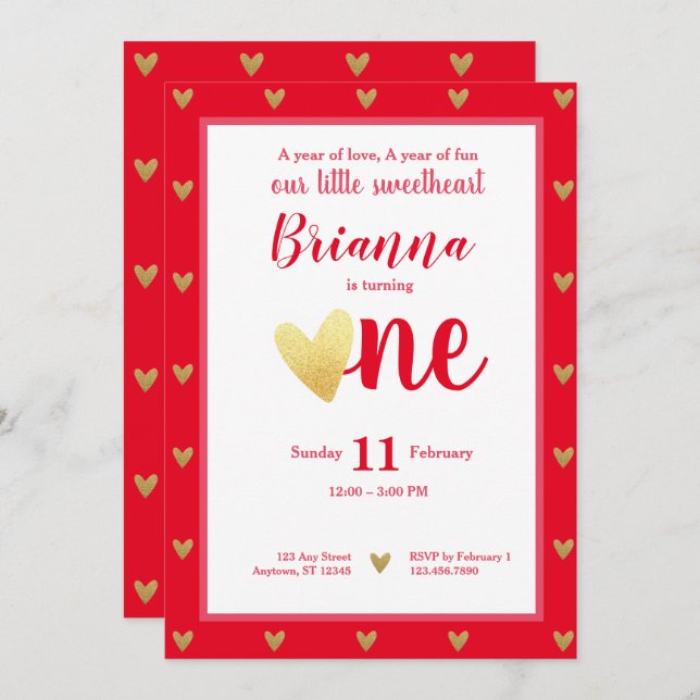 Invitation Petite amoureuse Valentine Coeurs Premier annivers (Devant / Derrière)