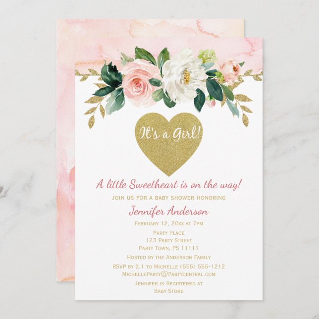 Invitation Petite amoureuse Valentine fille Baby shower rose (Devant / Derrière)