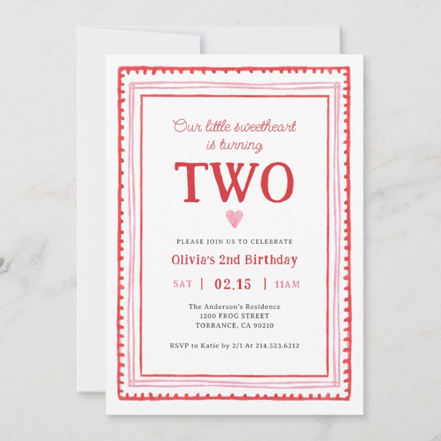 Invitation Petite amoureuse Valentine's Girl Second Birthday (Devant)