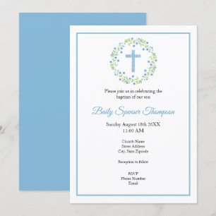 Invitation Petite aquarelle bleue fleurit couronne & croix