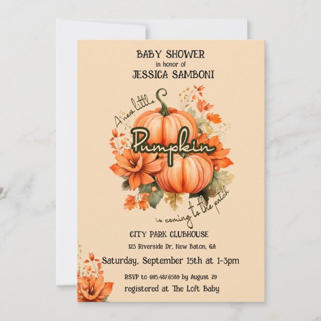 Invitation Petite aquarelle Citrouille Baby shower d'ivoire f (Devant)