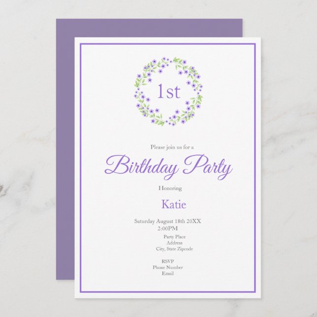 Invitation Petite aquarelle violette fleurit couronne (Devant / Derrière)