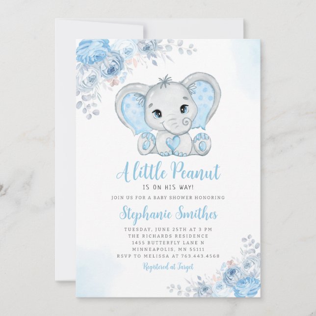 Invitation Petite arachide aquarelle garçon éléphant Baby sho (Devant)