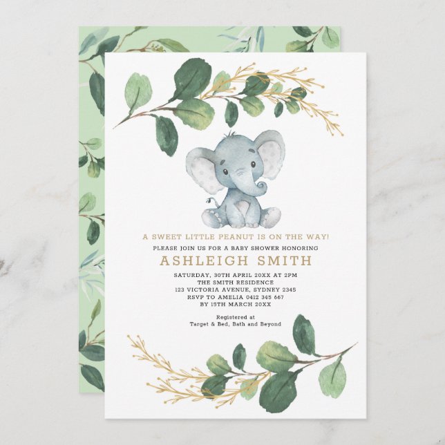 Invitation Petite arachide douce Baby shower éléphant (Devant / Derrière)