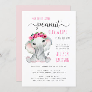 Invitation Petite arachide Eléphant Aquarelle bébé fille douc