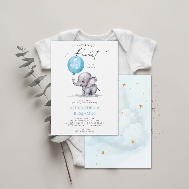 Invitation Petite arachide Eléphant Aquarelle bébé garçon dou (little peanut baby shower invitation elephant balloon watercolor coed couple modern elegant chic)
