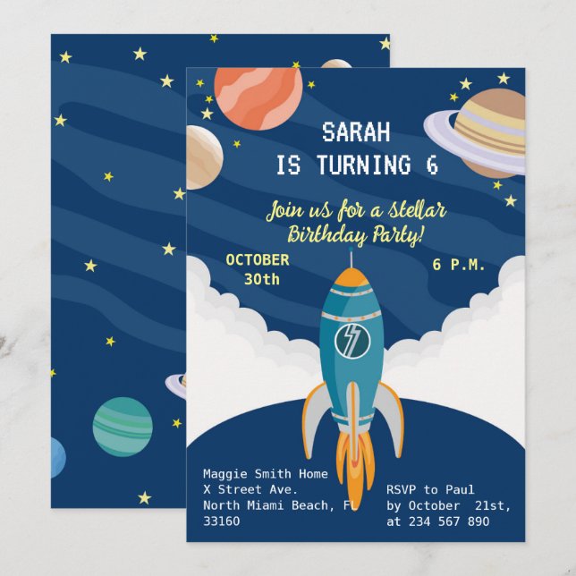 Invitation Petite astronaute fille rêve Joyeux Anniversaire (Devant / Derrière)