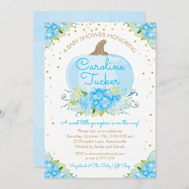 Invitation Petite Baby shower Citrouille Aquarelle Bleu Or (Devant / Derrière)