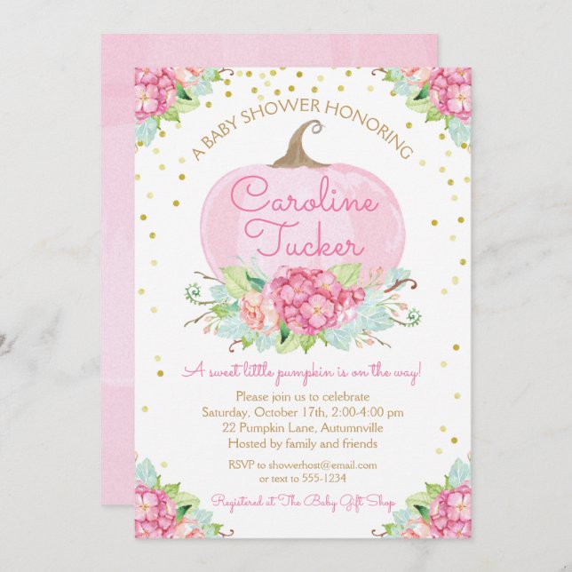 Invitation Petite Baby shower Citrouille Aquarelle rose Or (Devant / Derrière)