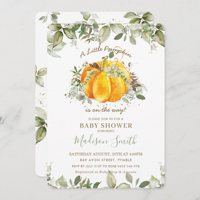 Invitation Petite Baby shower Citrouille Verdure Genre Neutre (Devant / Derrière)