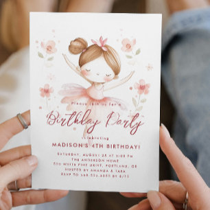 Invitation Petite Ballerina et Fleurs rose fête d'anniversair