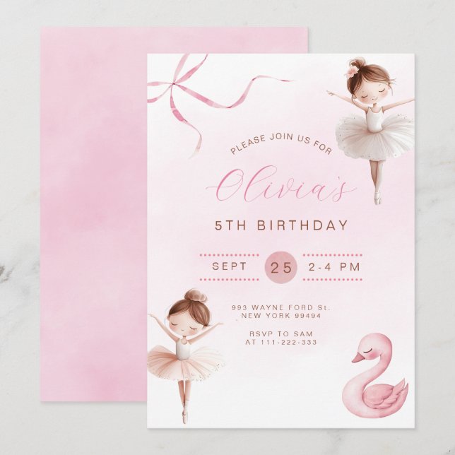 Invitation Petite Ballerina fille mignonne Anniversaire (Devant / Derrière)