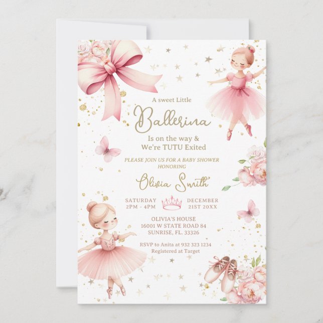 Invitation Petite Ballerina Rose Sur Le Chemin Baby shower (Devant)
