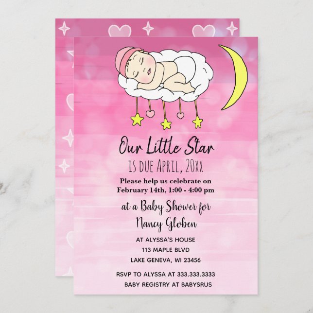 Invitation Petite bébé rose étoiles et lunes filles (Devant / Derrière)