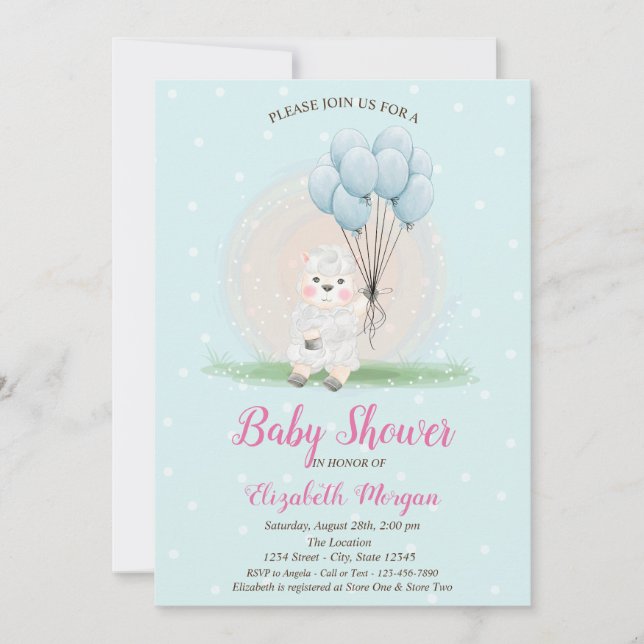 Invitation Petite brebis agneau points bleus Baby Shower (Devant)