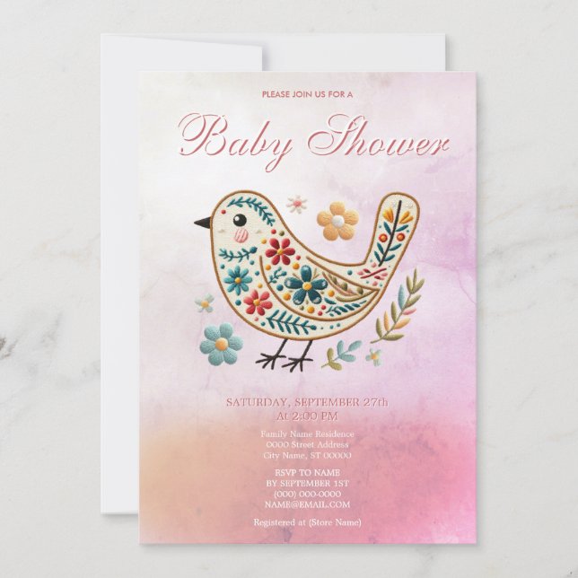 Invitation Petite broderie florale d'oiseaux Baby shower rose (Devant)
