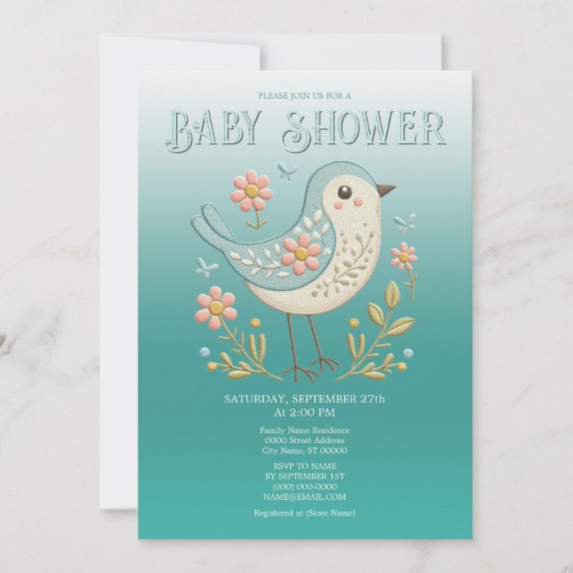 Invitation Petite Broderie Florale d'oiseaux Baby shower vert (Devant)