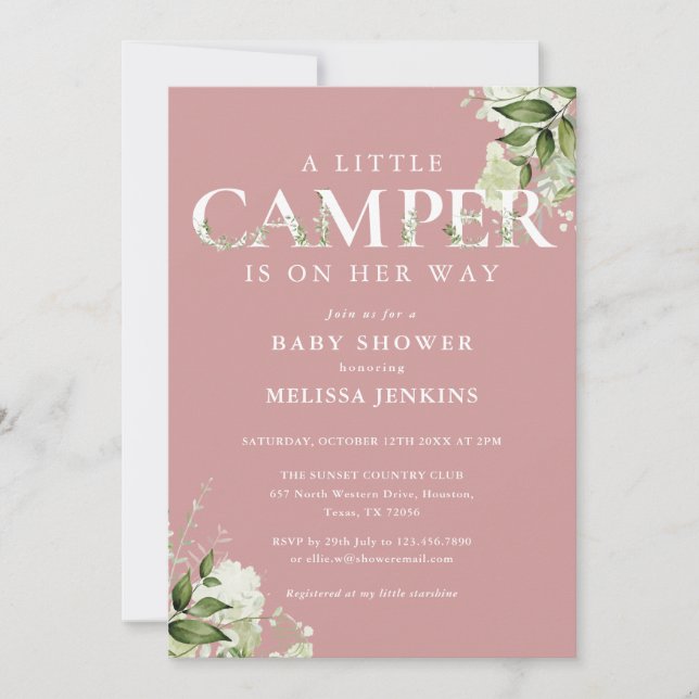 Invitation Petite campeuse Dusty Rose verdure Baby Shower (Devant)