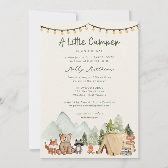 Invitation Petite campeuse Fête de bébé rustique en forêt  (Devant)