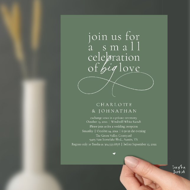 Invitation Petite Célébration de Grand Amour, Minimalisme Élé (Small Celebration of Big Love, Elegant Minimalist Wedding Reception Invitation Card in Sage Green)