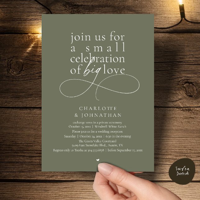 Invitation Petite Célébration d'un Grand Amour, Minimalisme É (Small Celebration of Big Love, Elegant Minimalist Wedding Reception invites Card in Olive Sage Green)