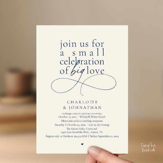 Invitation Petite Célébration d'un Grand Amour, Minimalisme É (Small Celebration of Big Love, Elegant Minimalist Wedding Reception Invites Card in Navy Blue Ivory)