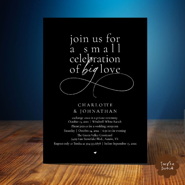 Invitation Petite Célébration d'un Grand Amour, Minimalisme É (Small Celebration of Big Love, Elegant Minimalist Wedding Reception Invitation Card in Black White)