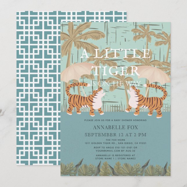 Invitation Petite chinoiserie Tiger Baby shower Bleu Chic (Devant / Derrière)