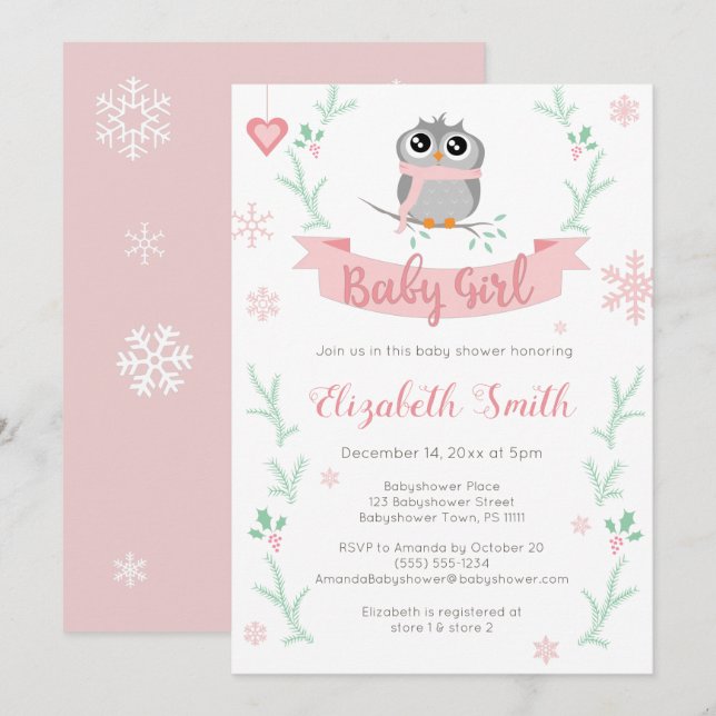 Invitation Petite chouette fille d'hiver bébé douche (Devant / Derrière)
