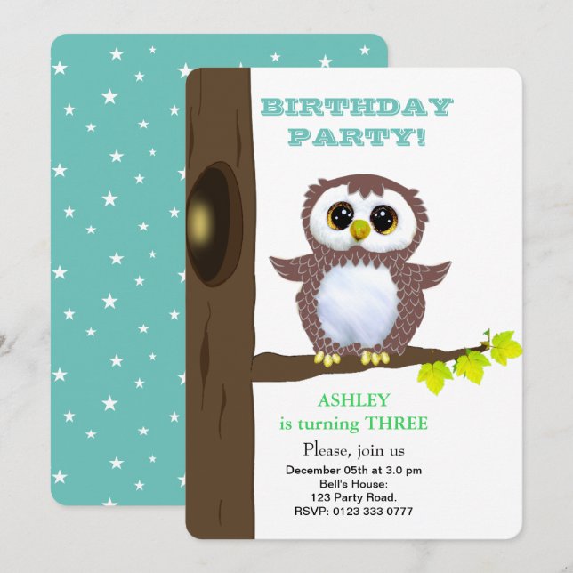 Invitation Petite chouette mignonne & étoiles sur une fête d' (Devant / Derrière)