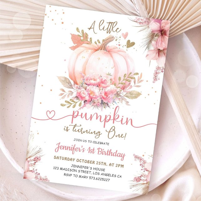 Invitation Petite Citrouille 1er Anniversaire Fille Rose Or (Créateur téléchargé)