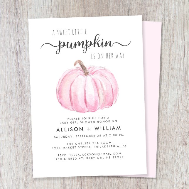 Invitation Petite Citrouille Aquarelle Bébé Fille Couples Dou (Celebrate the upcoming arrival of your autumn baby girl with a pumpkin-themed couple's baby shower)