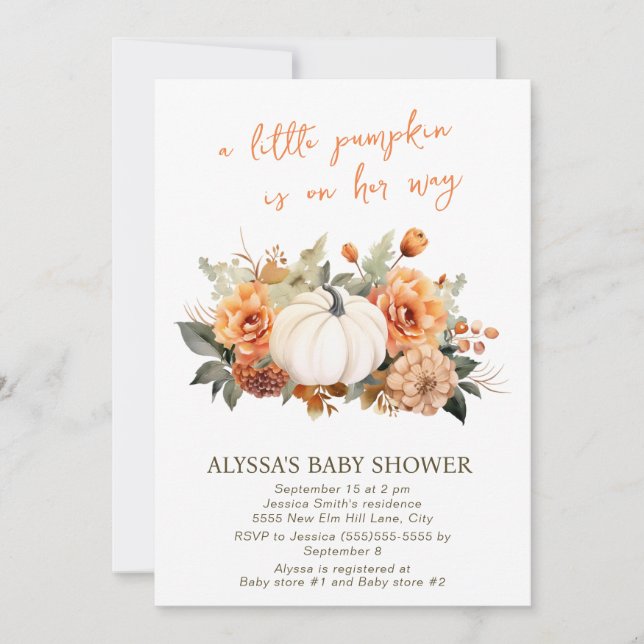 Invitation Petite Citrouille aquarelle Floral Girl Baby showe (Devant)