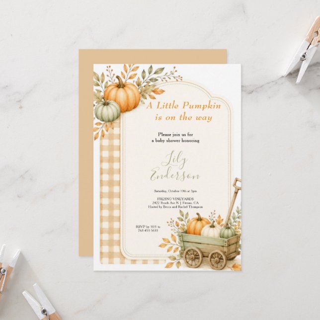 Invitation petite citrouille aquarelle orange bébé Fête  (Devant/Arrière en situation)