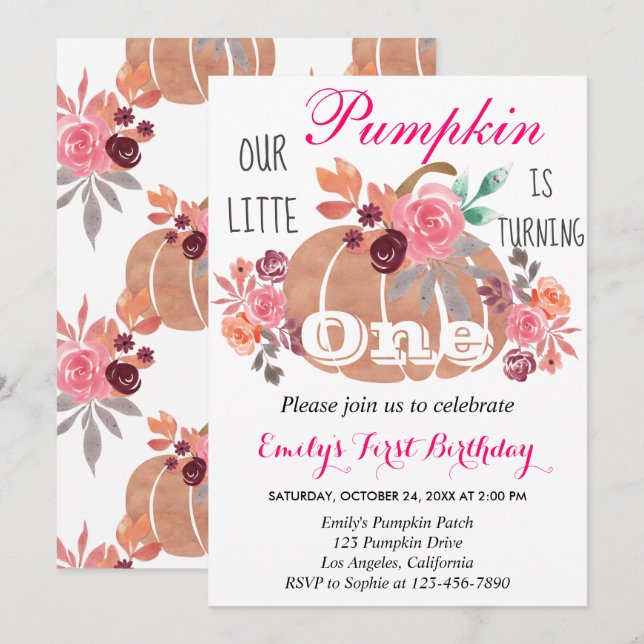 Invitation Petite citrouille automne 1er premier anniversaire (Devant / Derrière)