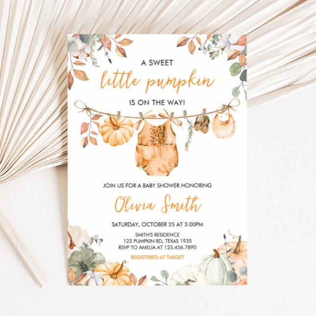 Invitation Petite citrouille automne bébé Shower  (Little Pumpkin Fall Clothesline Baby Shower Invitation)