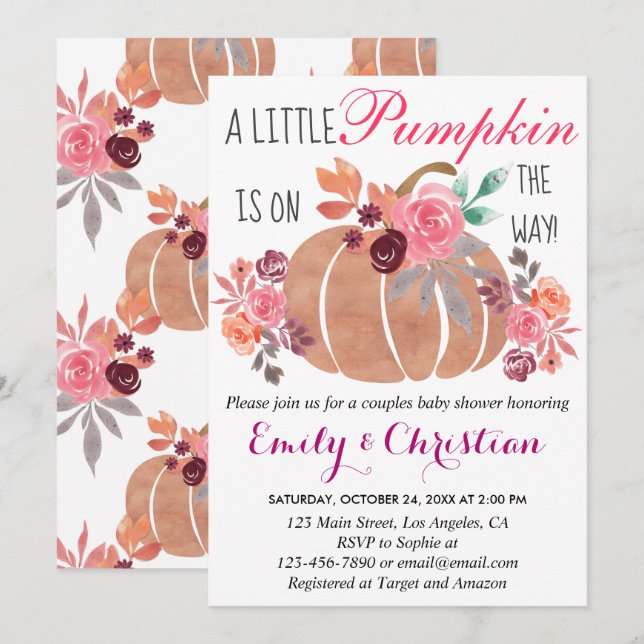 Invitation Petite citrouille automne couple Baby Shower Flora (Devant / Derrière)