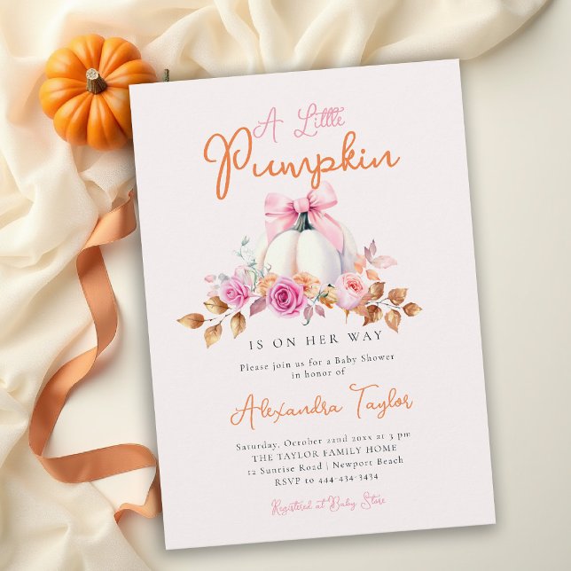 Invitation Petite Citrouille Automne Rose Ruban Mignon Bébé F (little pumpkin is on the way baby shower invitation girly roses pink bow foliage template card)