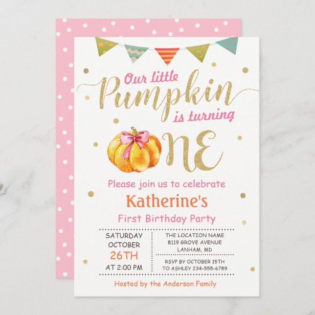 Invitation Petite Citrouille Baby Girl Fête d'anniversaire (Devant / Derrière)